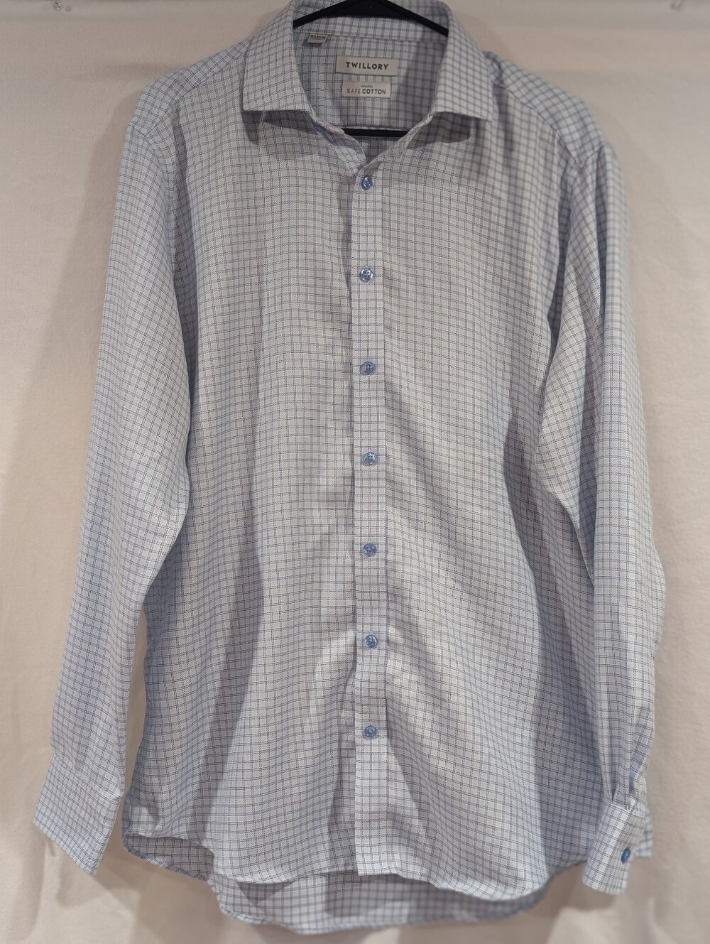 Twillory Non-Iron Safe Cotton Dress Shirt Blue Plaid Tailored Fit 16.5 34/35 Men